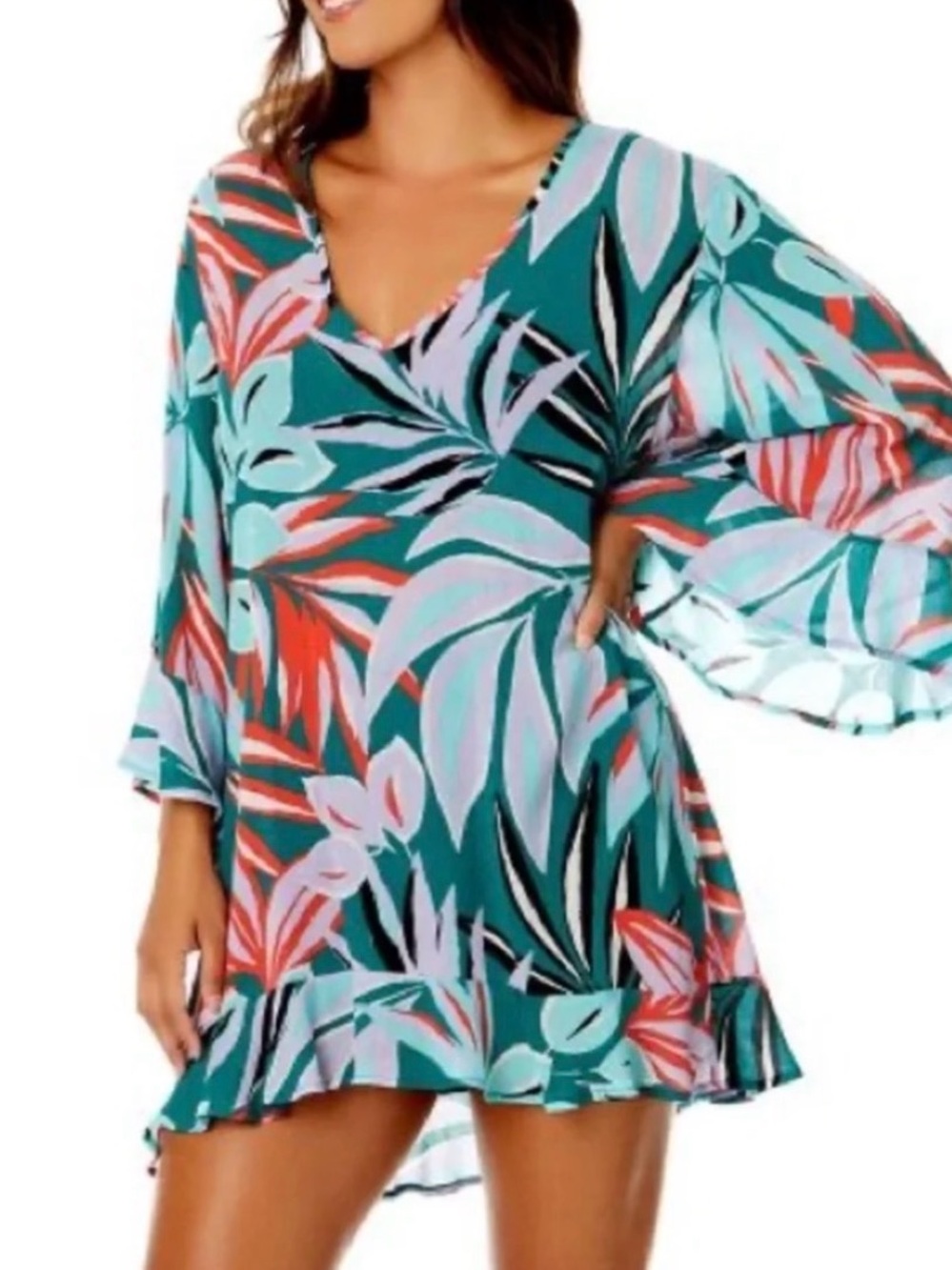 Anne Cole Tunic Swim Cover Women's M/L Tropical Gauze Ruffled Bell Sleeve Beach